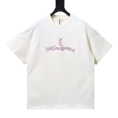 Saint Laurent Script Logo Leopard Embroidery Crew-Neck T-Shirt apricot 01