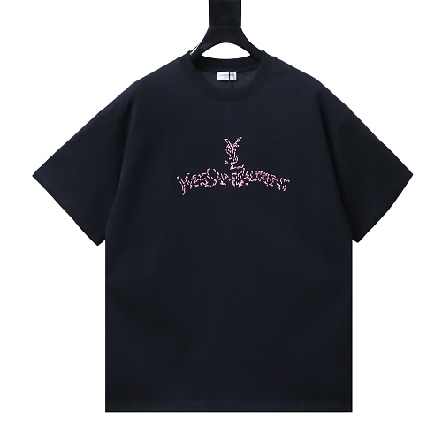 Saint Laurent Script Logo Leopard Embroidery Crew-Neck T-Shirt Black