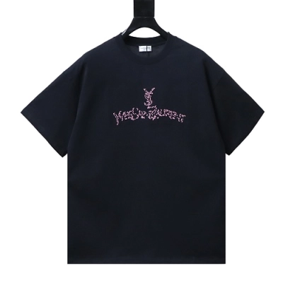 Saint Laurent Script Logo Leopard Embroidery Crew-Neck T-Shirt Black 01