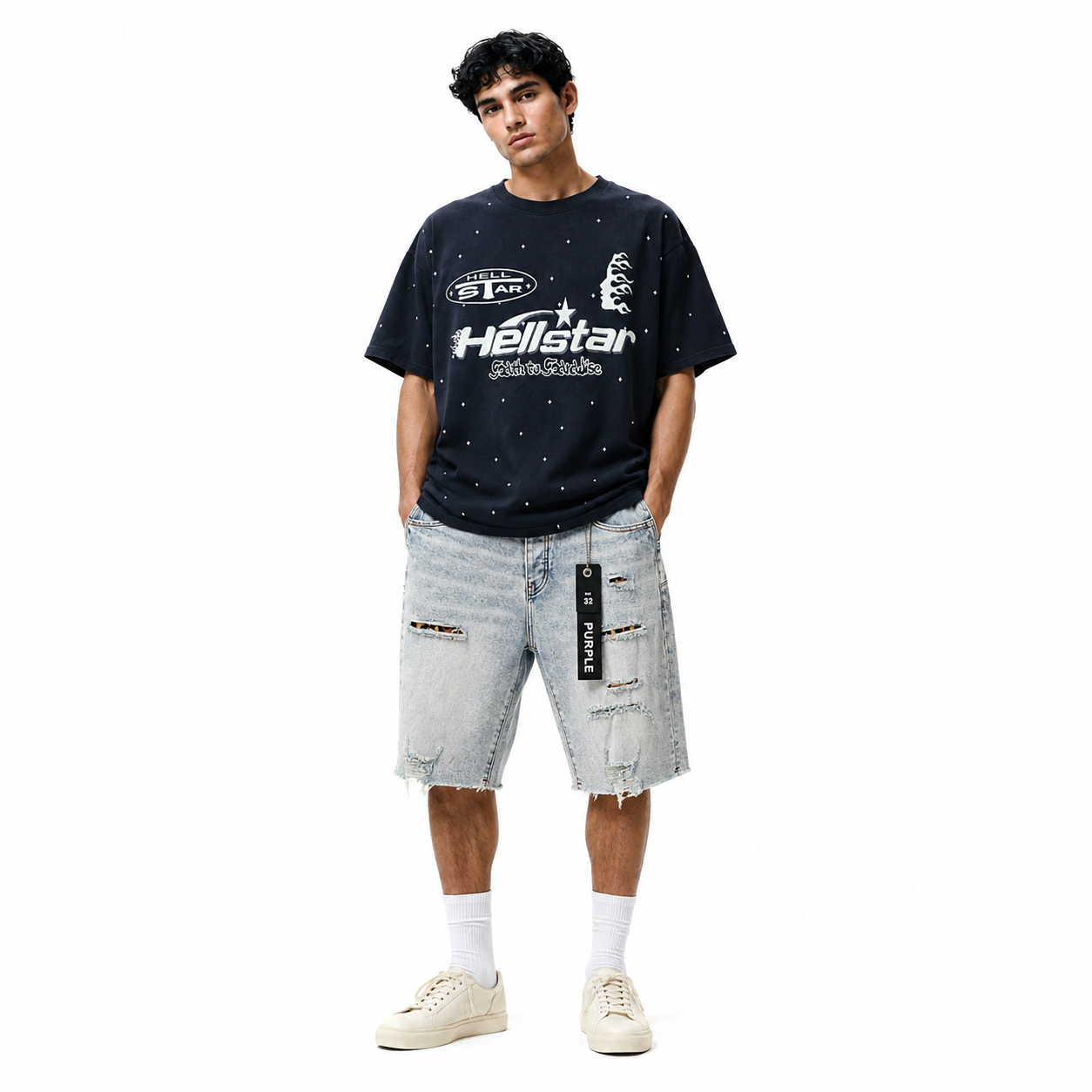 Hellstar Sequined Letter Short-Sleeve T-Shirt+Purple Brand Denim Shorts PK507