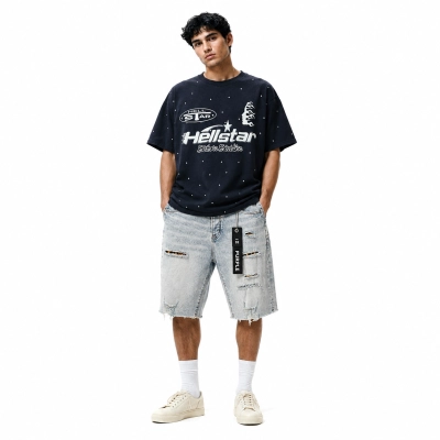 Hellstar Sequined Letter Short-Sleeve T-Shirt+Purple Brand Denim Shorts PK507 01