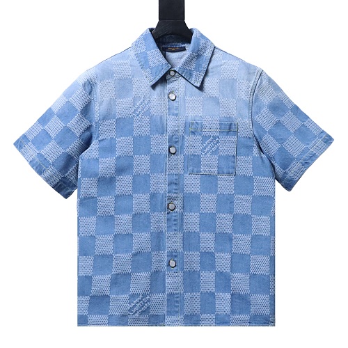  Louis Vuitton Damier 3D Light Denim Short-Sleeved Shirt 