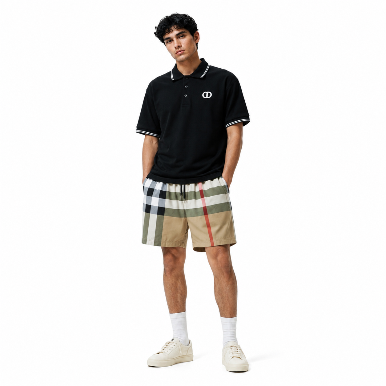 Dior CD Icon Polo Shirt Black/White+Burberry Check Swim Shorts