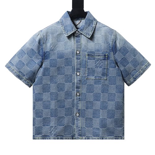 Louis Vuitton Damier 3D Light Denim Short-Sleeved Shirt 1AHVYY