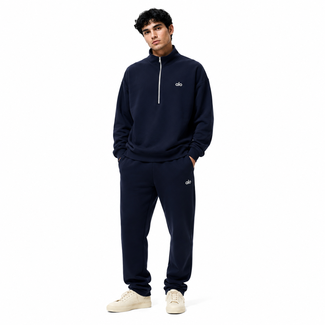 Alo Yoga 1/4 Zip Hoodie Nave Blue+Alo Yoga Field Sweatpant Nave Blue