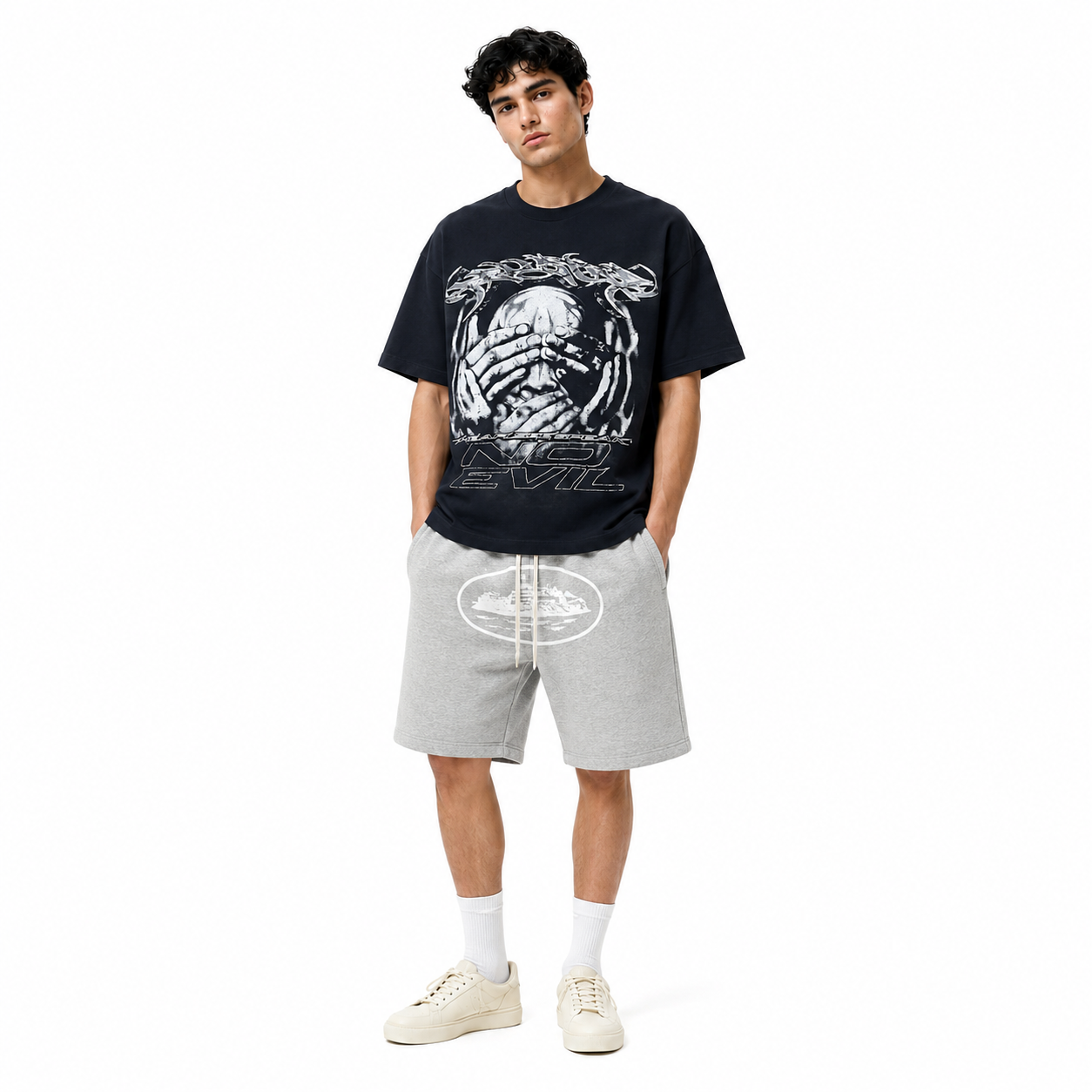 Hellstar T-Shirt -6797#+Corteiz OG Alcatraz Shorts Heather Grey