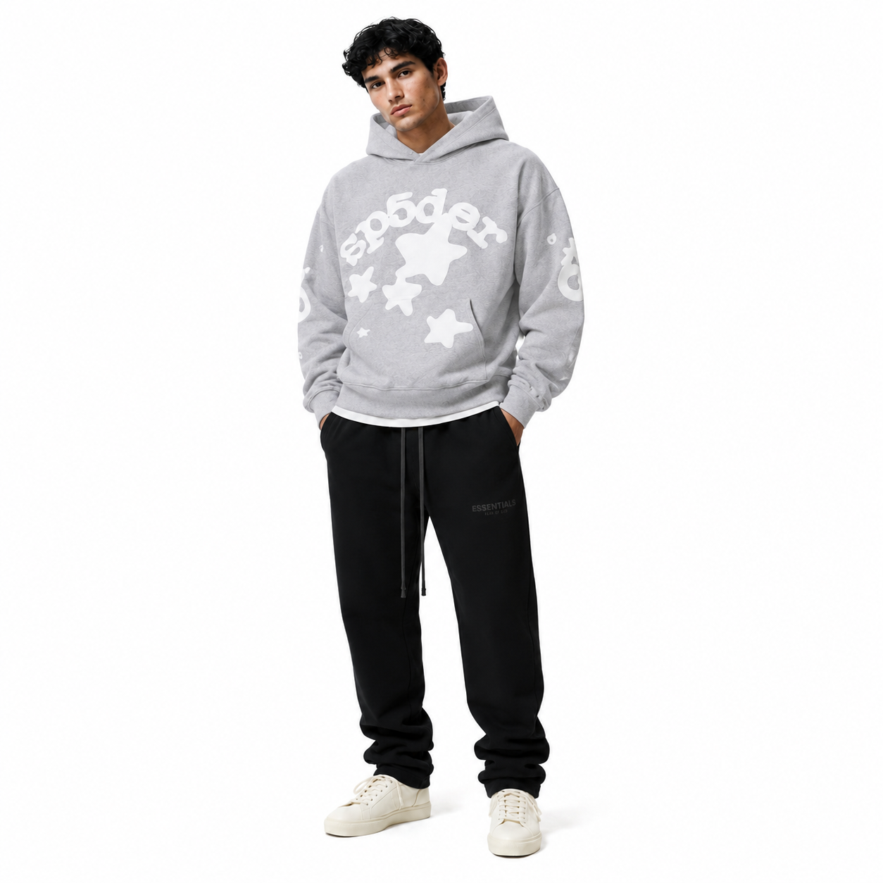 Sp5der Beluga Hoodie Heather Grey+Fear of God Essentials Core Collection Lounge Pants Black