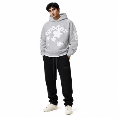Sp5der Beluga Hoodie Heather Grey+Fear of God Essentials Core Collection Lounge Pants Black 01