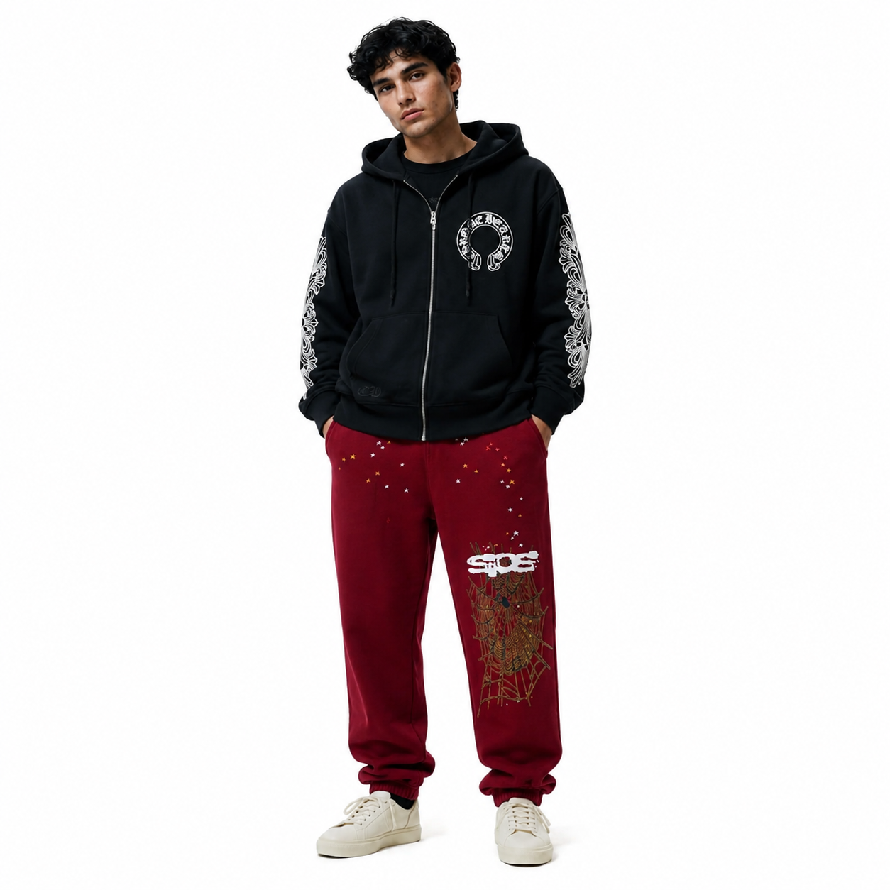 Chrome Hearts Horseshoe Floral Cross-Sleeve Zip Up Hoodie 'Black/White'+Sp5der Logo Sweatpant Maroon
