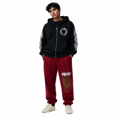 Chrome Hearts Horseshoe Floral Cross-Sleeve Zip Up Hoodie 'Black/White'+Sp5der Logo Sweatpant Maroon 01