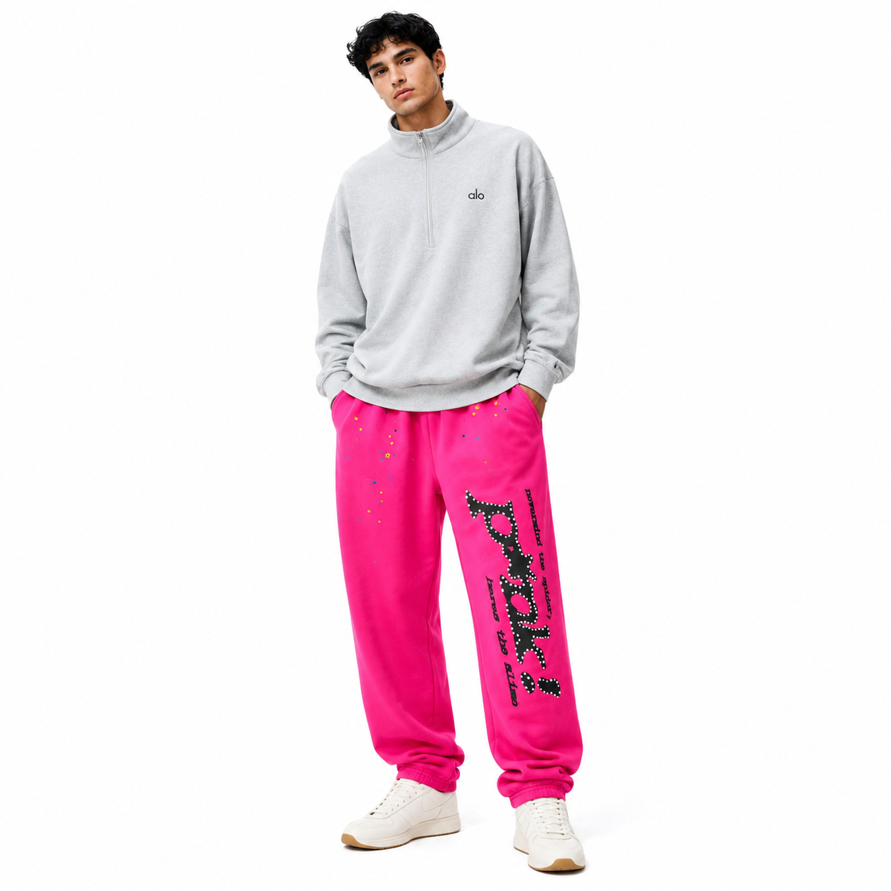 Alo Yoga Accolade 1/4 Zip Pullover Grey+Sp5der P*NK Sweatpants Pink