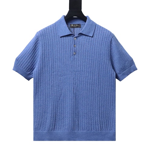 Loro Piana Wide-Rib Short-Sleeve Polo Sweater Blue