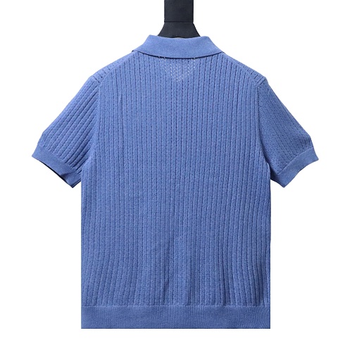 Loro Piana Wide-Rib Short-Sleeve Polo Sweater Blue