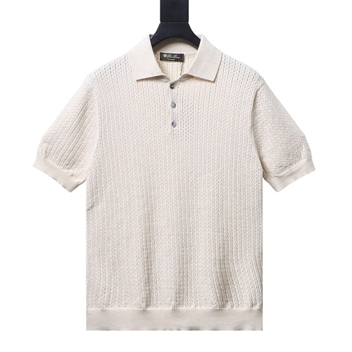 Loro Piana Wide-Rib Short-Sleeve Polo Sweater Apricot