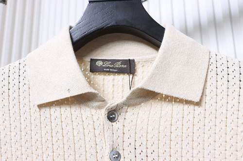 Loro Piana Wide-Rib Short-Sleeve Polo Sweater Apricot