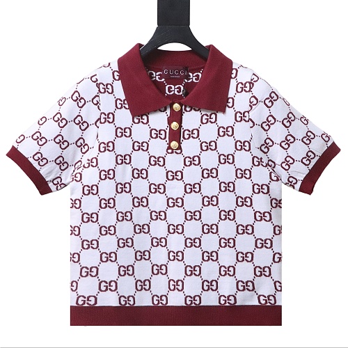 Gucci cropped knit polo white base burgundy GG jacquard