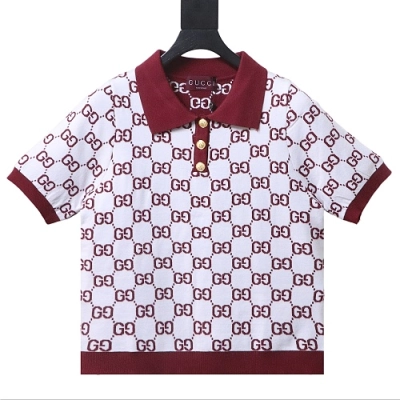 Gucci cropped knit polo white base burgundy GG jacquard 01