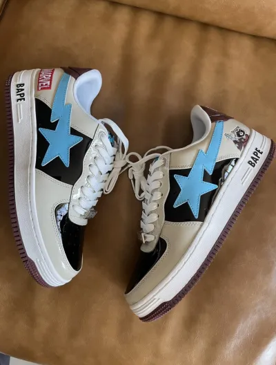 PK God Batch A Bathing Ape Sta X Marvel CREAM/BLACK/BLUE Fashion Skate Shoes 1I73-191-906 review B*** 00