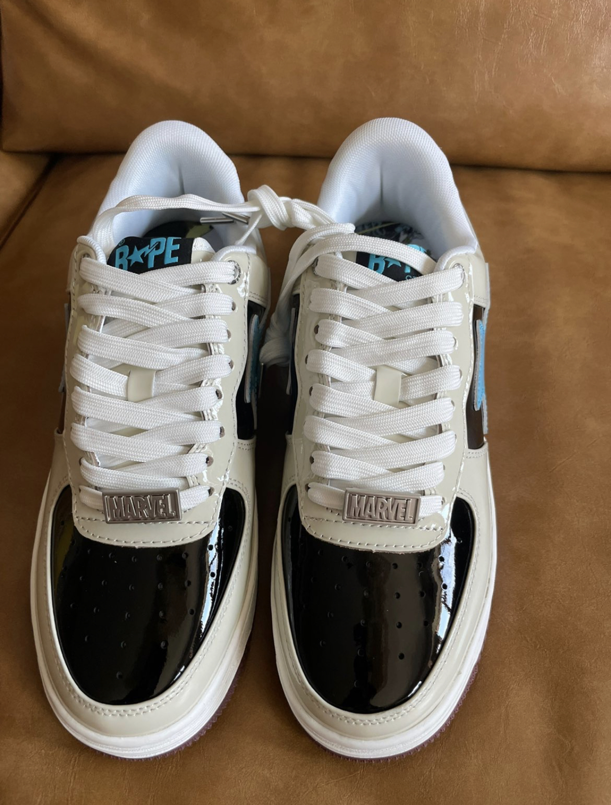 PK God Batch A Bathing Ape Sta X Marvel CREAM/BLACK/BLUE Fashion Skate Shoes 1I73-191-906 review B*** 01
