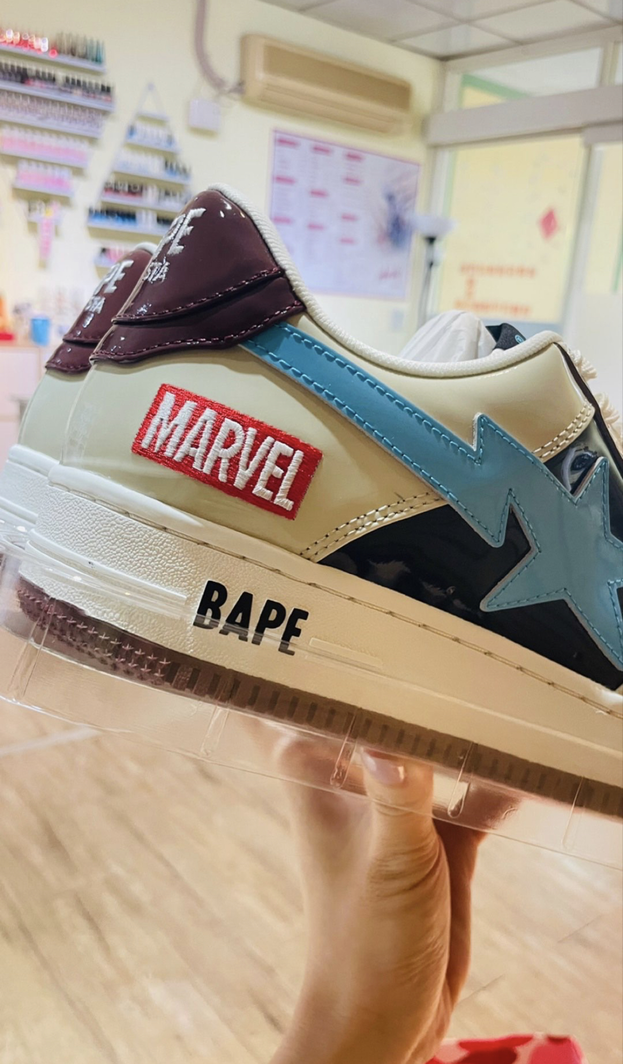 PK God Batch A Bathing Ape Sta X Marvel CREAM/BLACK/BLUE Fashion Skate Shoes 1I73-191-906 review A*** 05