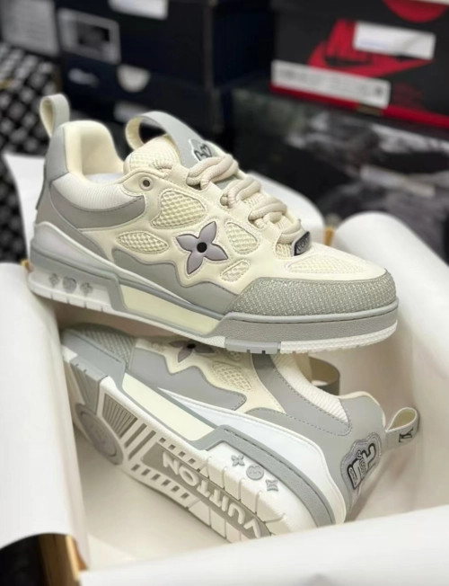 PK God Batch LOUIS VUITTON Leather lace up Fashionable Board Shoes White Gray 1ACQP4 review 