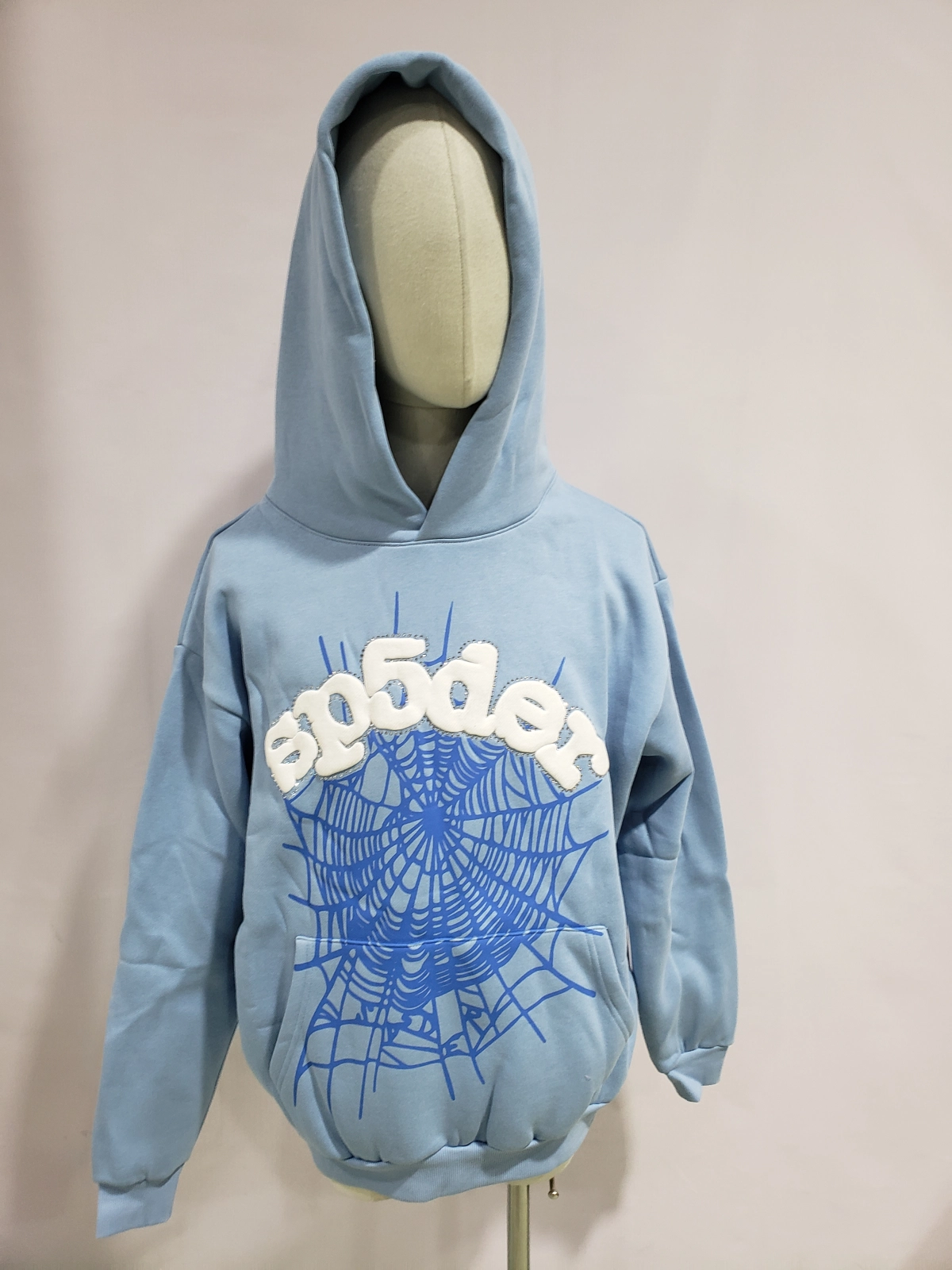 QC Photos For reps Sp5der Hoodie Sky Blue