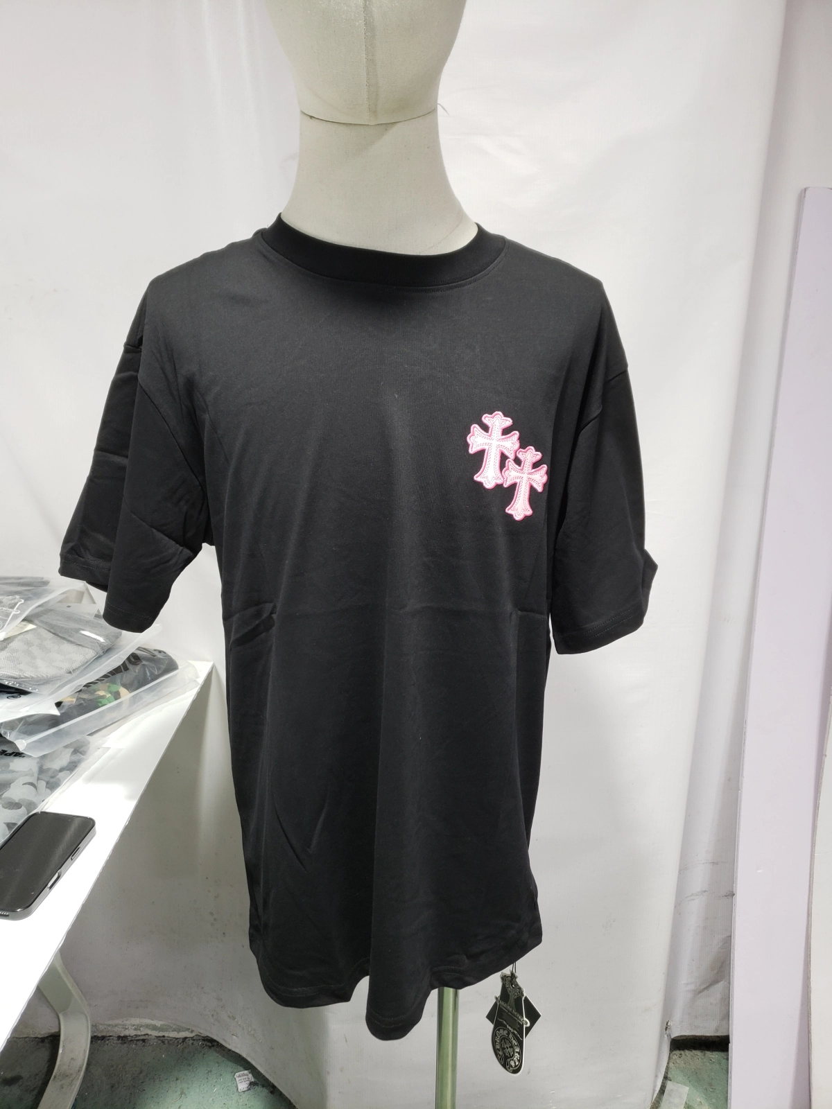 Chrome Hearts Triple Cross Embroidered T-Shirt Black/White/Pink