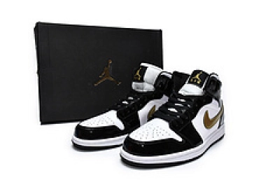 Nike Air Jordan 1 Mid Patent Black White Gold Reps Sneaker  852542-007  02