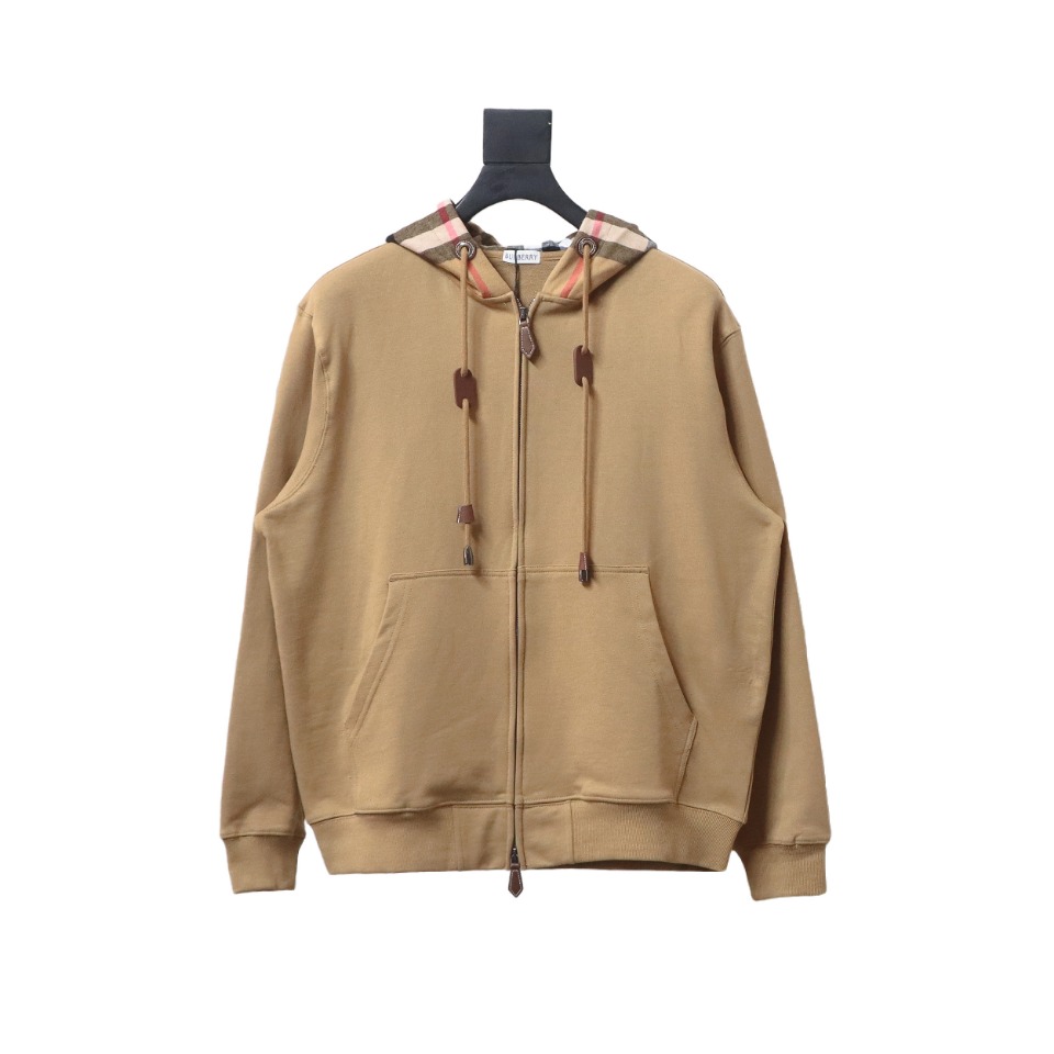Brand Check Hood Cotton Beige Zip Up Hoodie