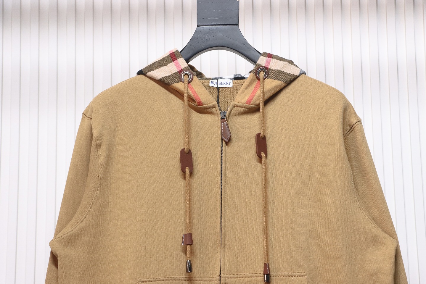 Brand Check Hood Cotton Beige Zip Up Hoodie