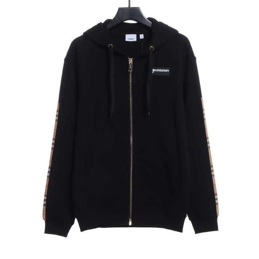 Brand Double Sleeve Check Lettering Zip Hoodie Black