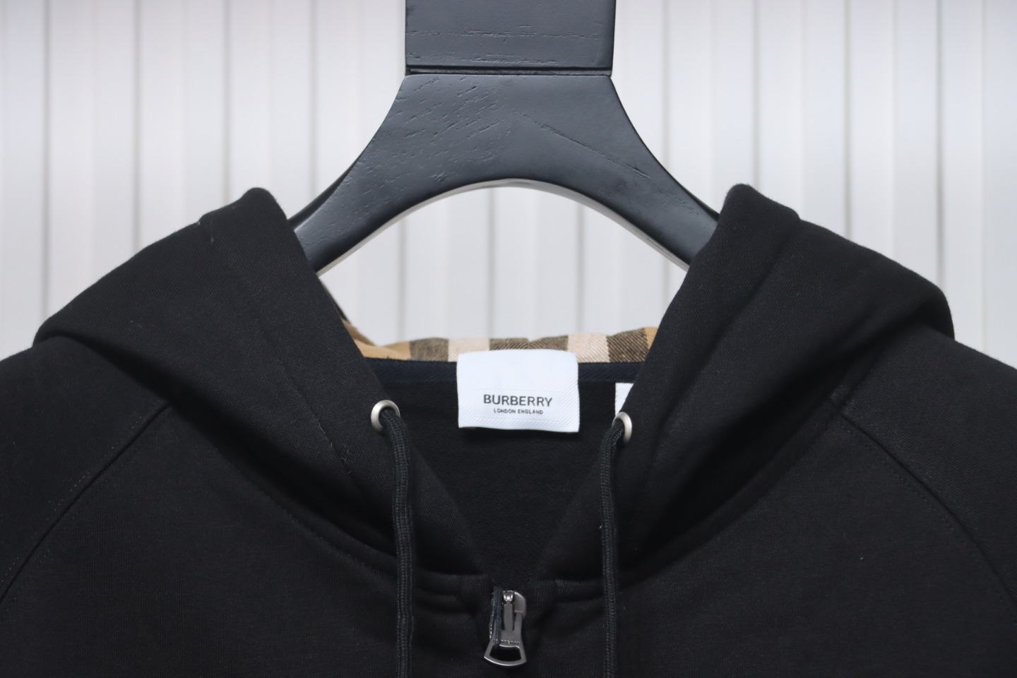 Brand Zip Up Hoodie With Check Hood Black Archive Beige
