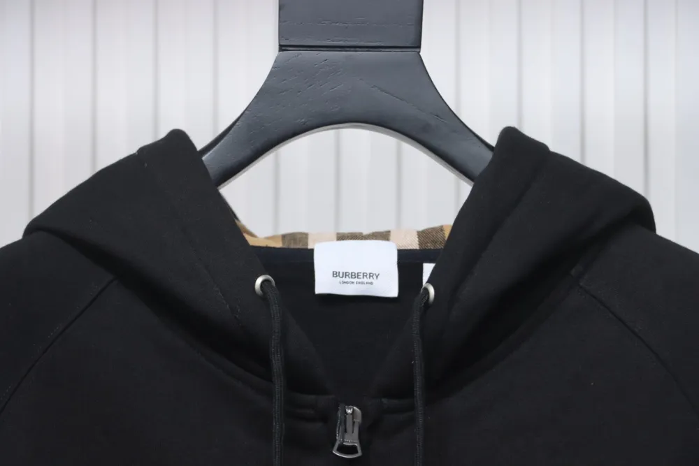 Burberry Zip Up Hoodie With Check Hood Black Archive Beige