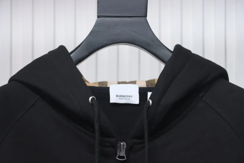 Burberry Zip Up Hoodie With Check Hood Black Archive Beige