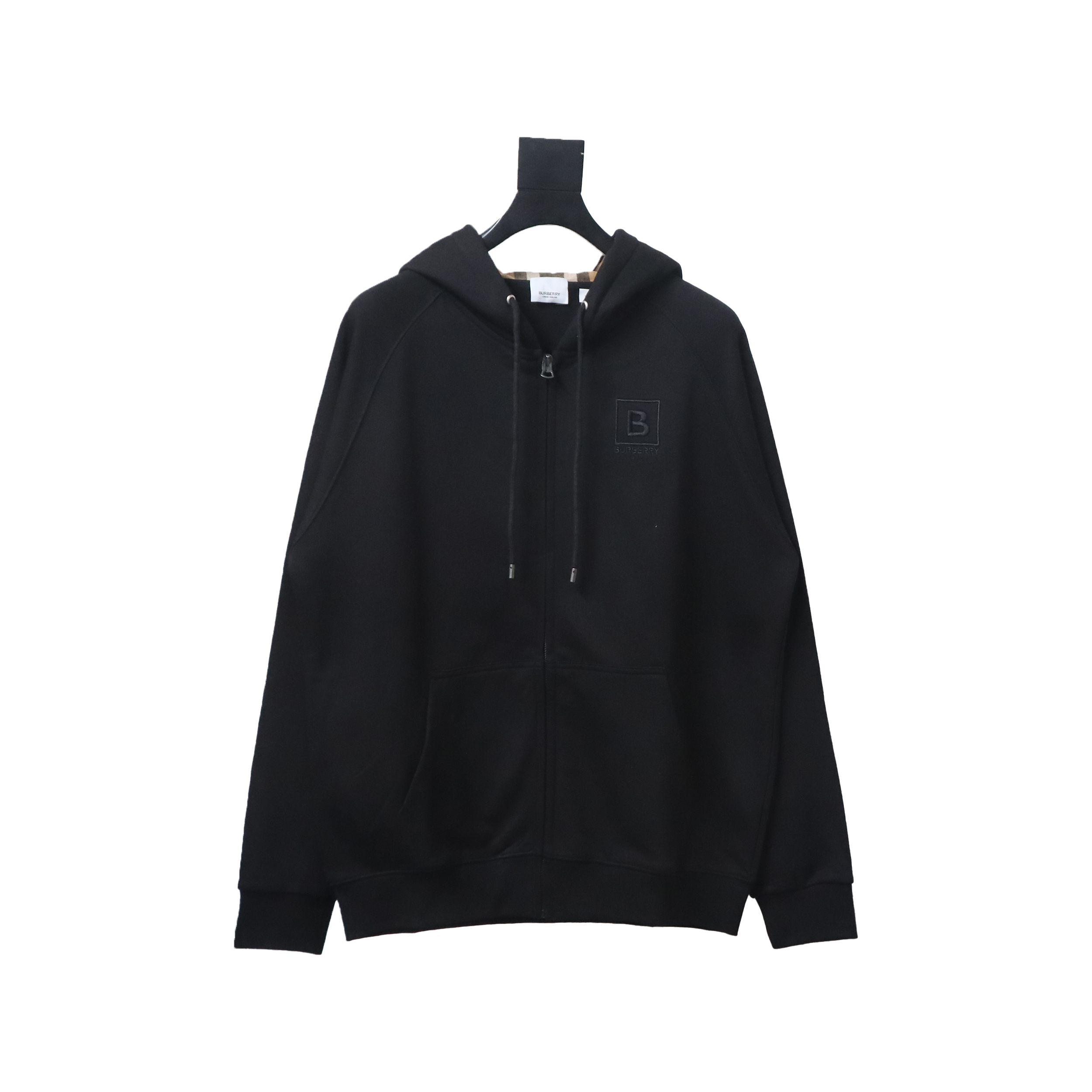 Brand Zip Up Hoodie With Check Hood Black Archive Beige
