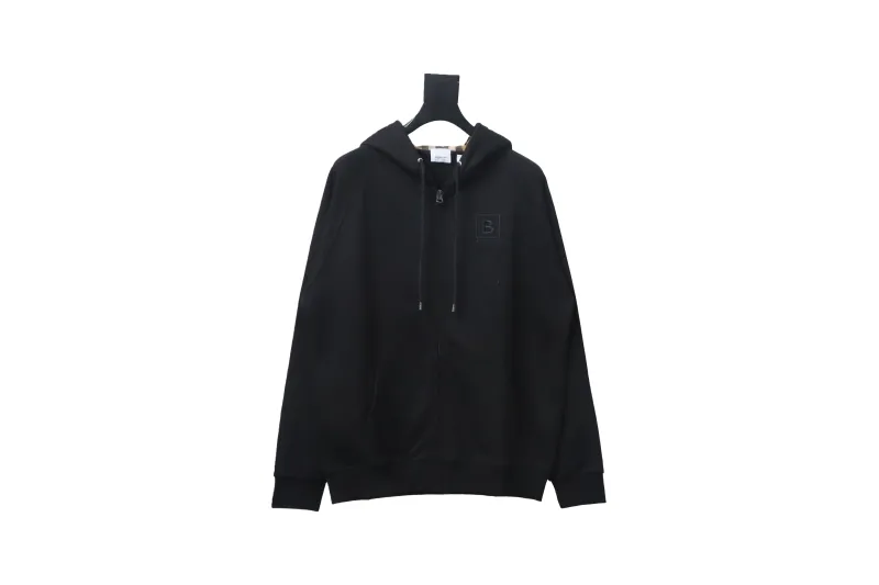 Burberry Zip Up Hoodie With Check Hood Black Archive Beige