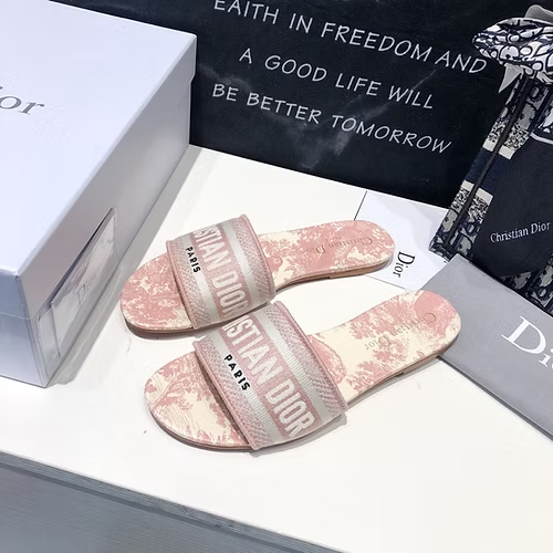 Dior Dway Slide Pink Embroidered Cotton and Toile de Jouy Motif