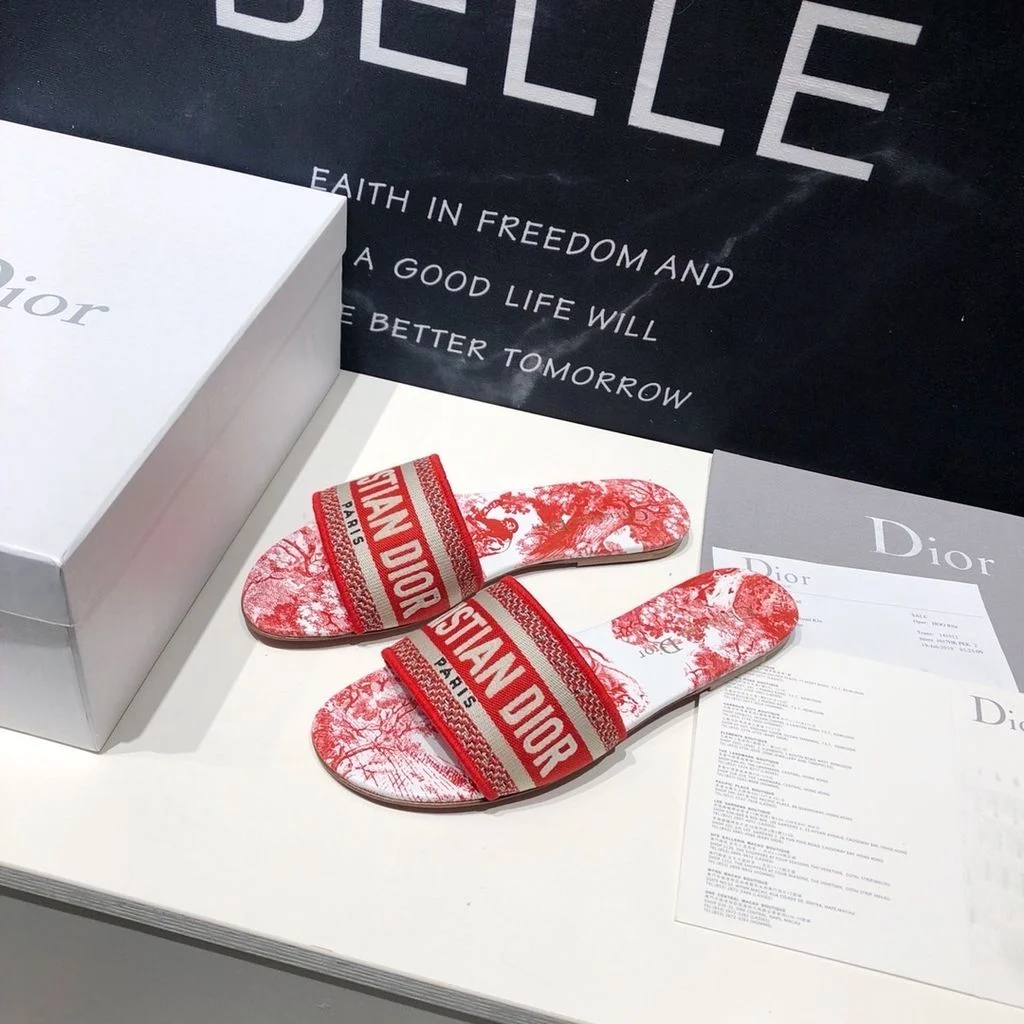 Dior Dway Slide Red Embroidered Cotton and Toile de Jouy Motif