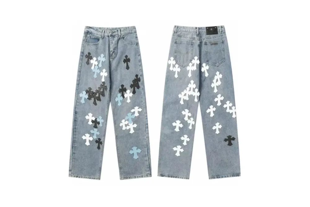 Chrome Hearts color cross leather jeans