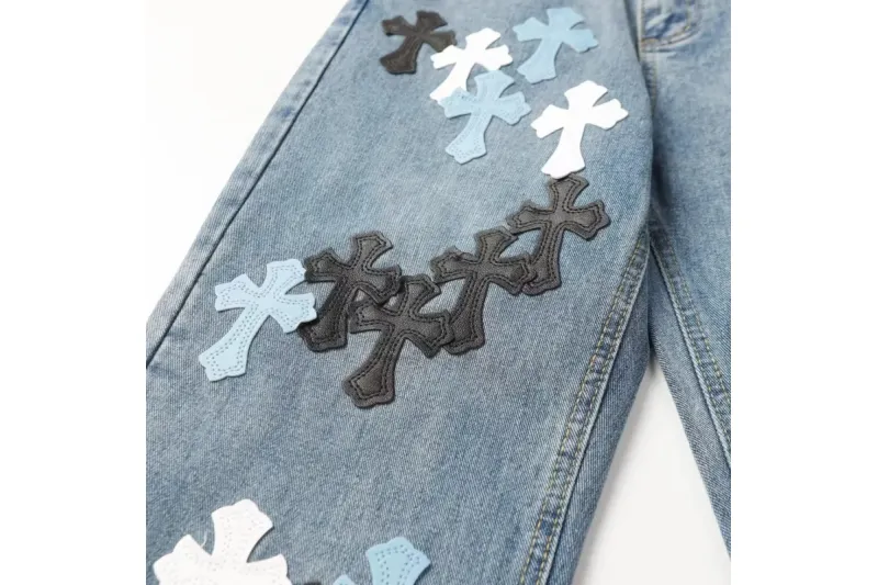 Chrome Hearts color cross leather jeans
