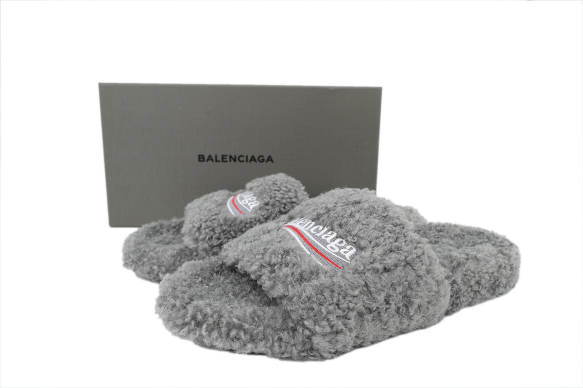 Balenciaga Coke Label Furry Slides Grey 654261 W2DO1 1596
