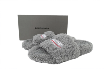 Balenciaga Coke Label Furry Slides Grey 654261 W2DO1 1596 01