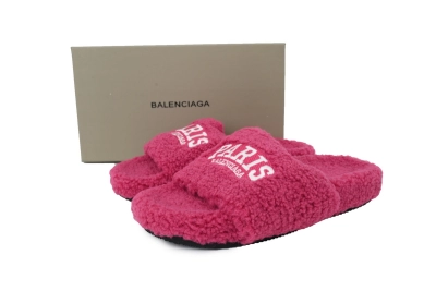 Balenciaga PARIS Label Furry Slides Pink 01