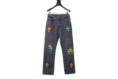 Chrome Hearts green and orange cross leather jeans   01