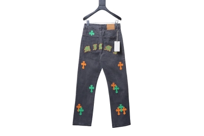 Chrome Hearts green and orange cross leather jeans   02