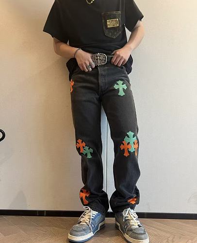 Chrome Hearts green and orange cross leather jeans  