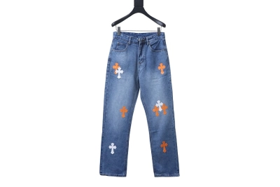 Chrome Hearts Orange Cross White Leather Jeans  01
