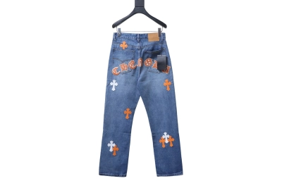 Chrome Hearts Orange Cross White Leather Jeans  02
