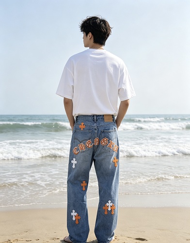 Chrome Hearts Orange Cross White Leather Jeans 
