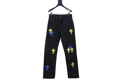 Chrome Hearts Yellow And Blue Leather Cross Patches Jeans 01